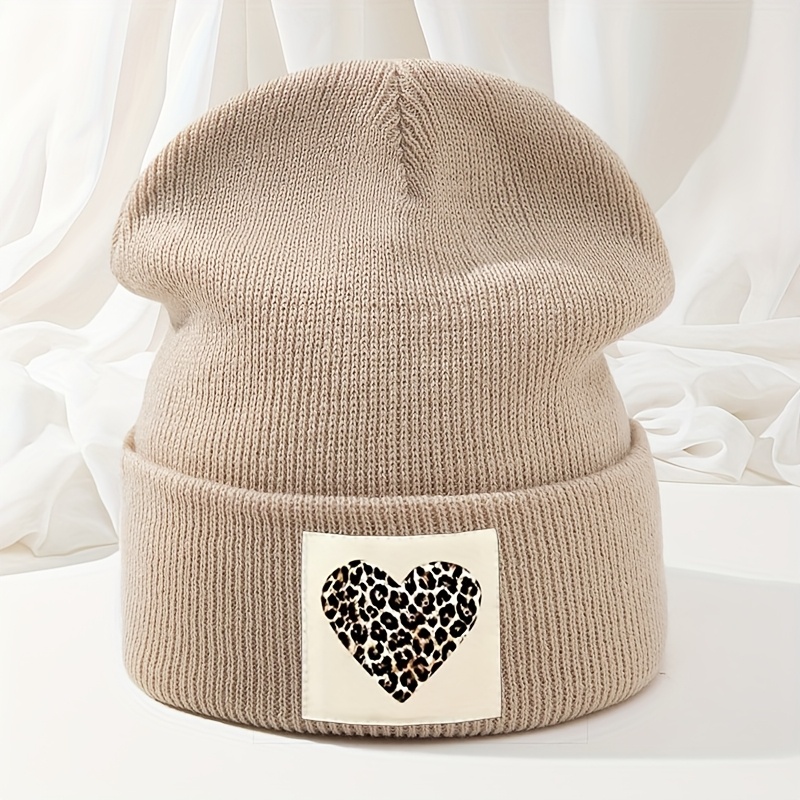 TEMU Leopard Print Heart Knit Hat For Men, Warm Winter Stretchy Outdoor Hip-hop Beanie, Rolled Brim Brimless Cap, High-quality Versatile Fashionable