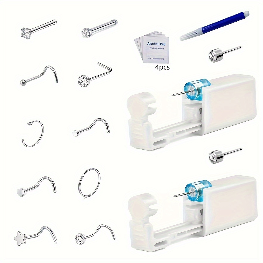 

17pcs/set Of Nose And Ear Puncture Tool Set (2 Professional Puncture Tools+4pcs Of +1 Positioning Pen+10pcs Of Stainless Steel Nose Jewelry) Puncture Set