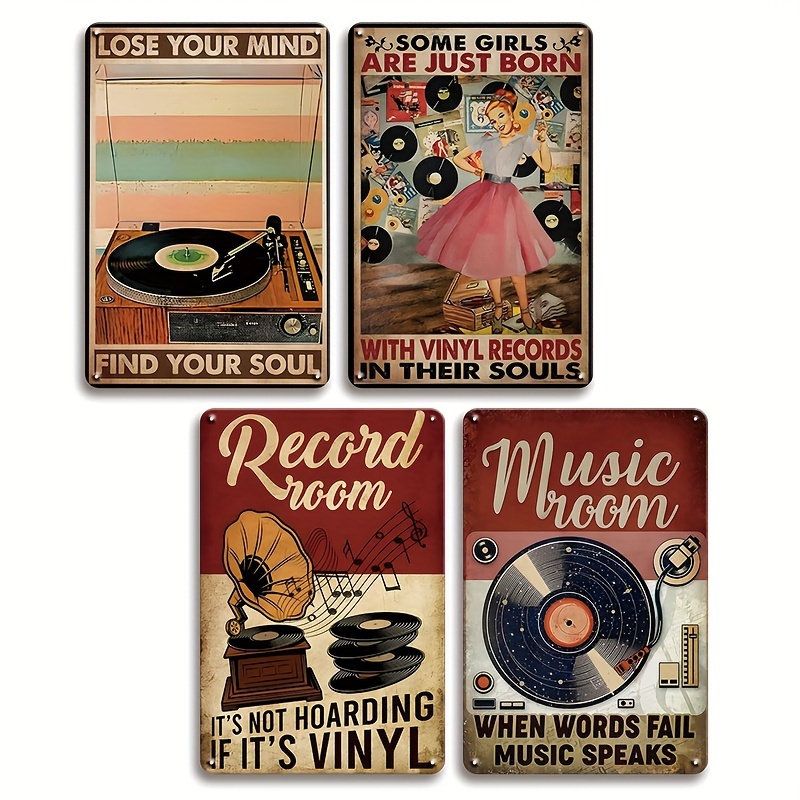 

4pcs, Vintage Vinyl Record Metal Tin Sign (30.48x20.32 Cm), Music Room Wall Art Decor, Vinyl Record Lovers Gift, Bedroom Cafe Home Bar Club Wall Sign Decoration, Christmas Gift