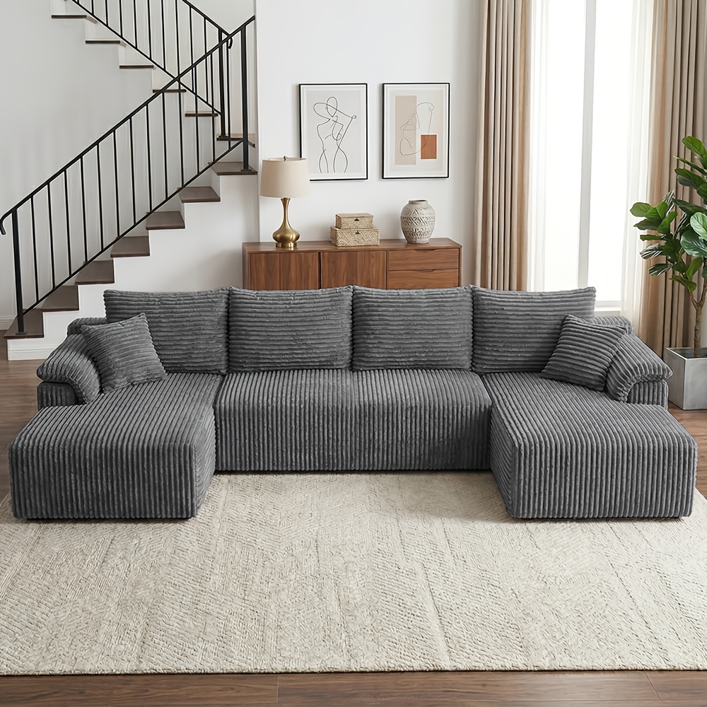 Image of U-form Corduroy Sectional Sofa, Convertible Sleeper Sofa Bed, High-density Foam Filled, Comfortable Seating, Luxury Furniture Set For Living Room, Home Theater & , No Assembly