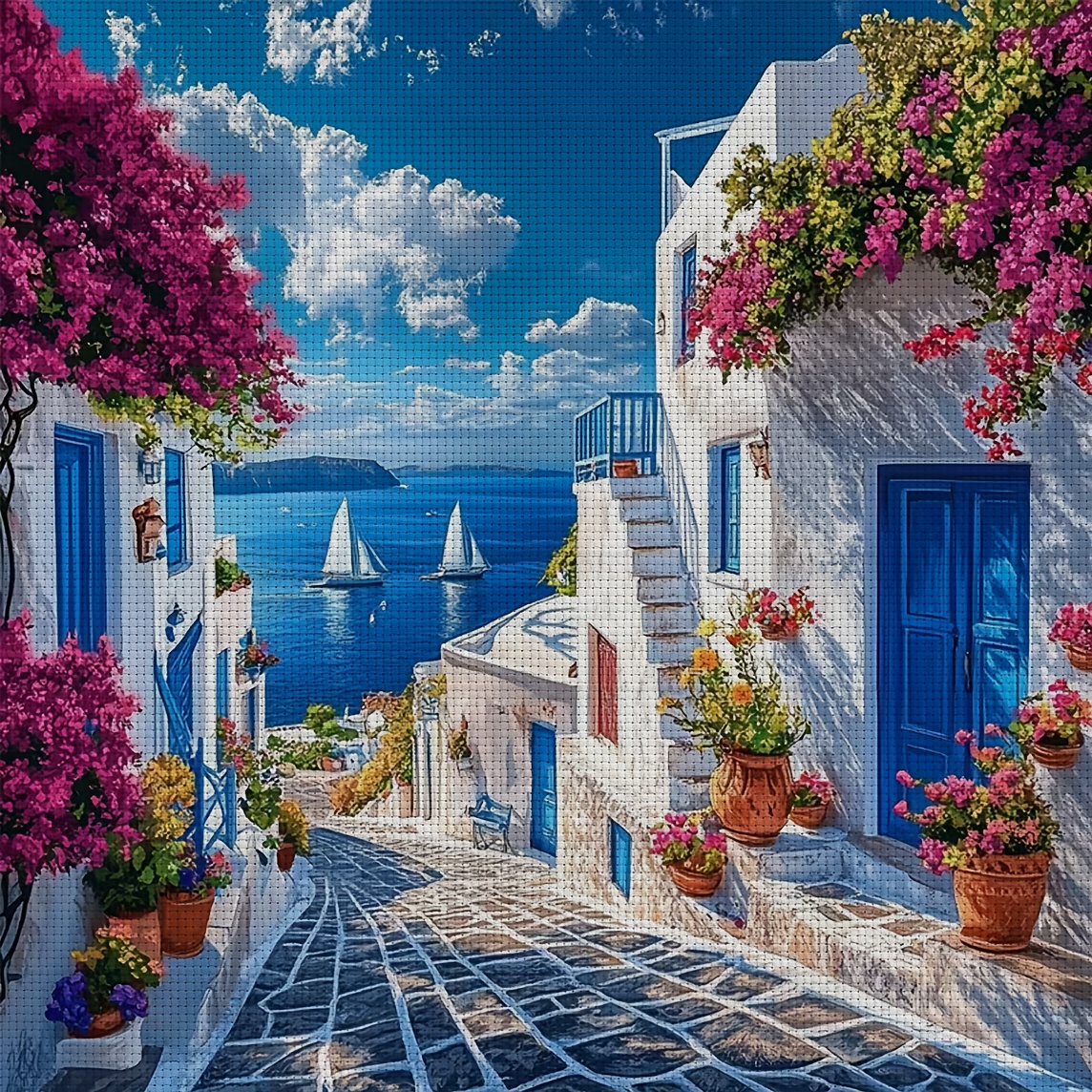 TEMU Un ensemble de cadeaux adapté à toutes , comprenant un kit de peinture de point de croix sur le thème créatif de fleurs de et de bateaux. Cette