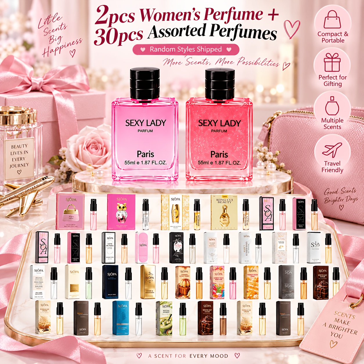Image of 32pcs Women's Perfume Set, 2 Full Size Perfumes + 30 Assorted Mini Perfume Sprays, Random Styles , Portable Fragrance Set For Travel, Parties, Daily Use, Birthdays And Gifts
