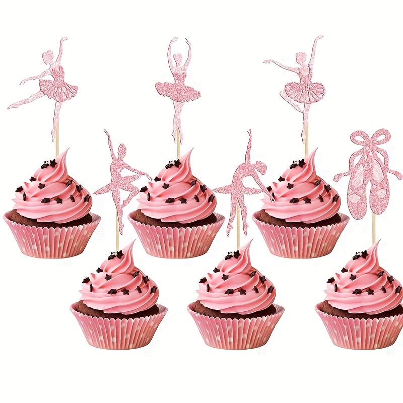 Image of 12pcs Ballerina Cupcake Toppers | Glitter Ballet Cupcake Toppers, Ballet Slipper Design For Baby Shower, Bridal Shower, Birthday Party Cake Decoration Supplies