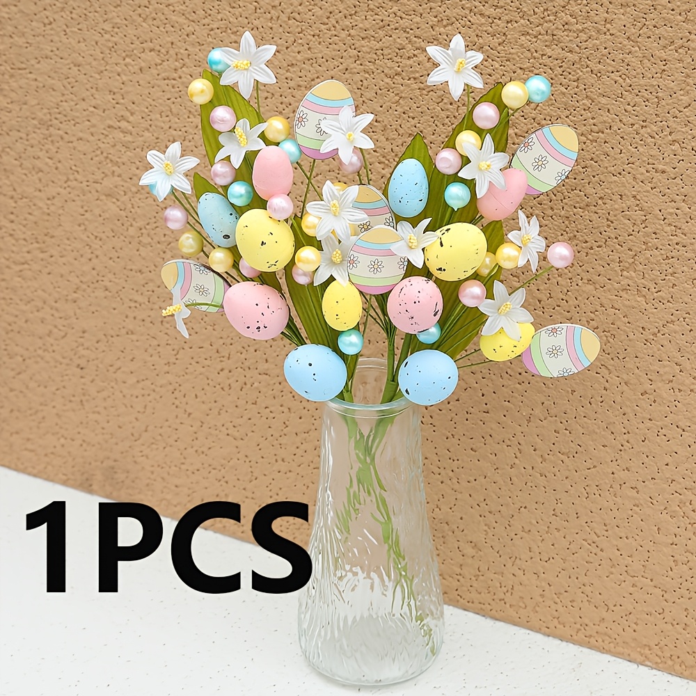 1pc Easter Decor, Easter Eggs Artificial Flowers Picks, Egg Berry Daisy Flower Branches Vase Decorations Spring Tabletop Centerpiece For Spring Easter Wedding Gifts
