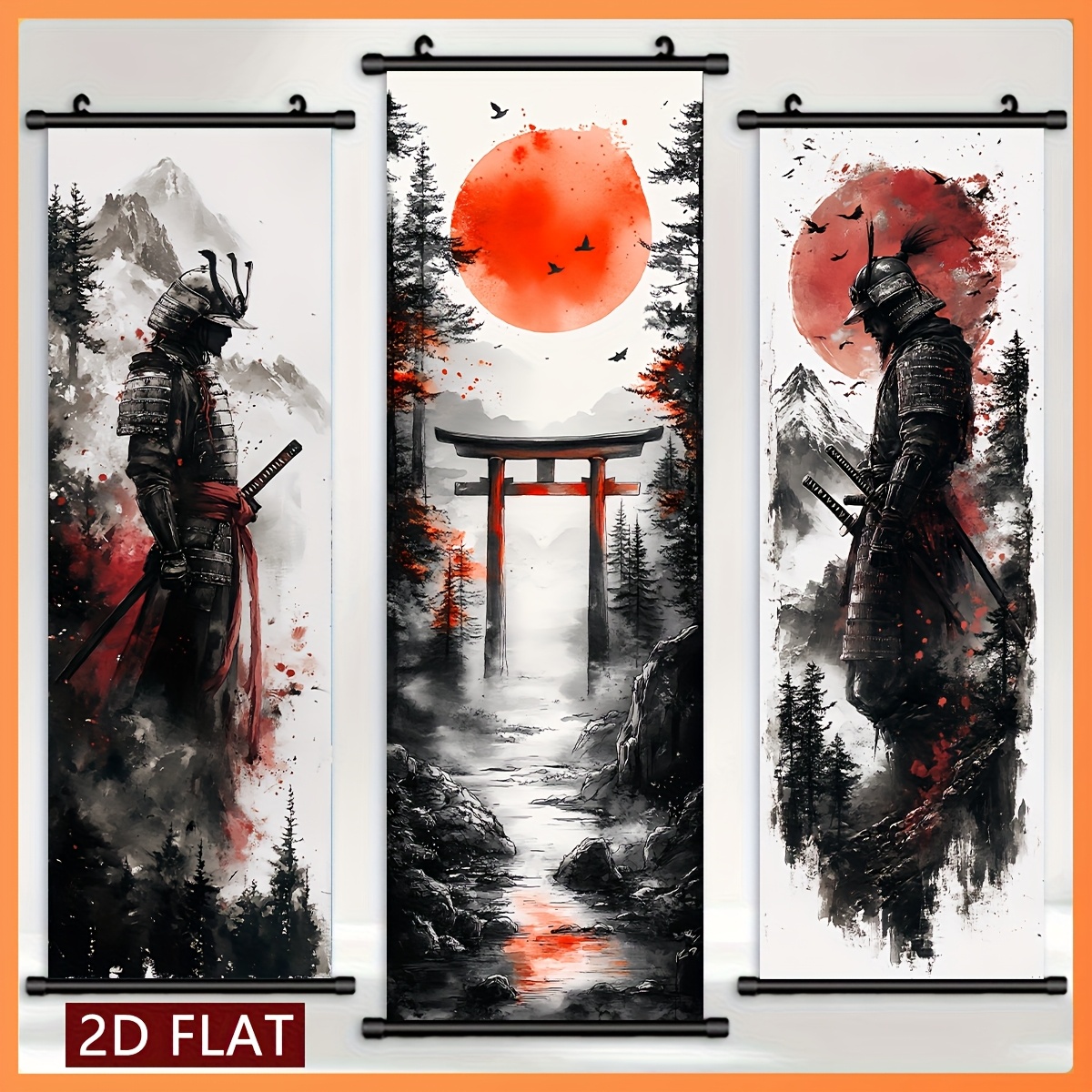 Image of 2d Flat, 2d Flat, - 3pcs Japanese Ink Painting Art Set -vintage Pattern Scroll Painting- For Home Office, Bedroom, Indoor And Outdoor Use, Gift!, Halloween Christmas Decor