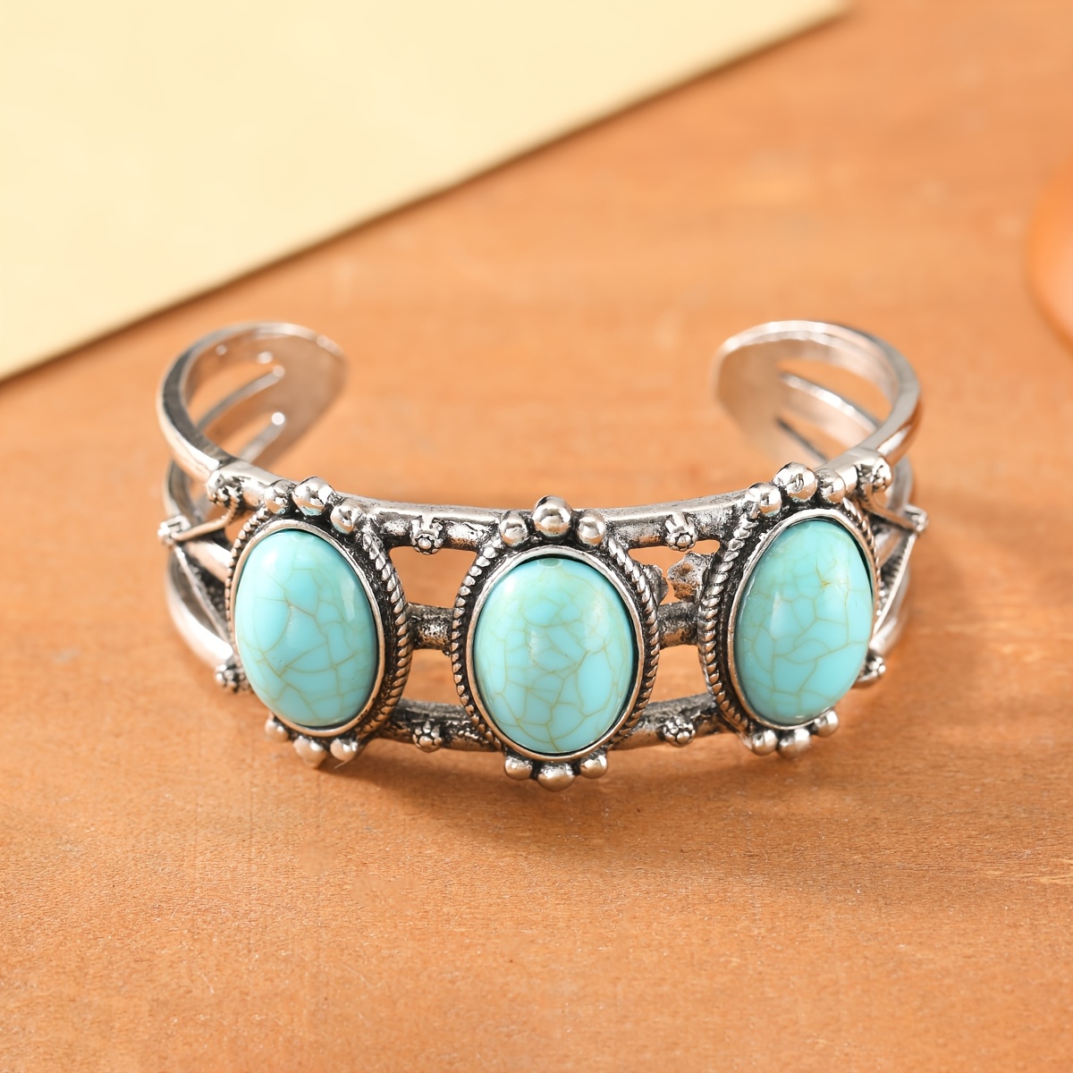 TEMU Bohemian-style Turquoise Open Bangle Bracelet For Women, Suitable For Parties, , And Daily Wear. A Versatile Ethnic-inspired Accessory With A