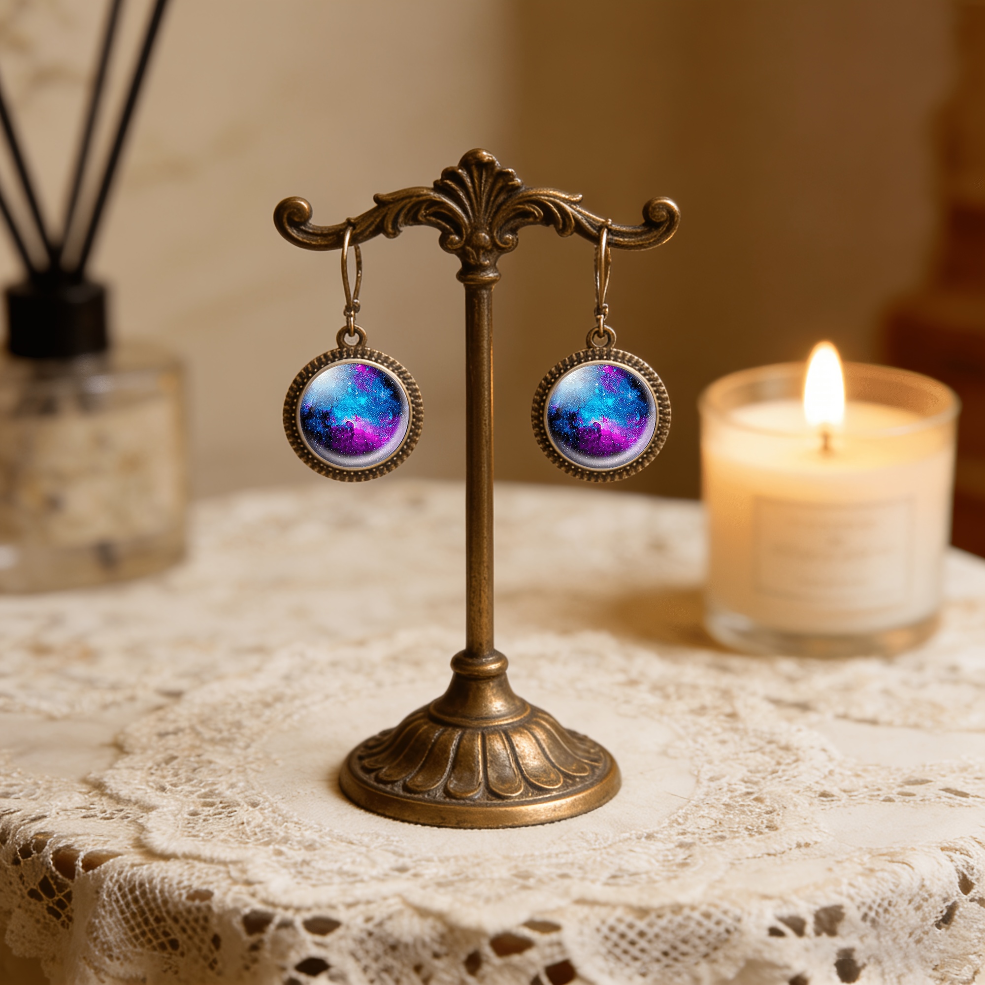 2pcs Blue Classic Pendant Earrings Set, Cosmic Nebula Design
