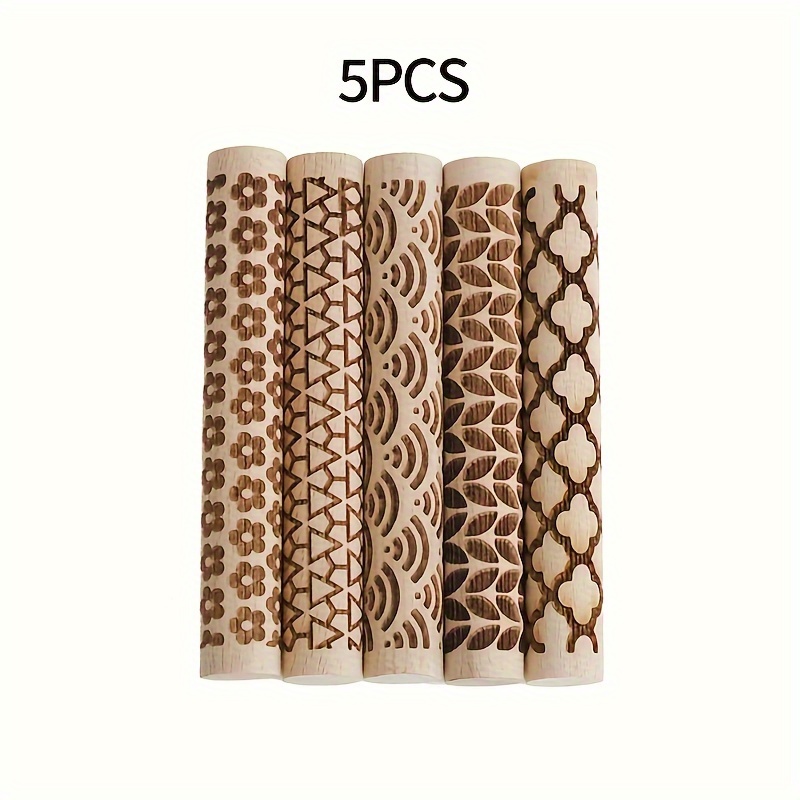 

5-piece Embossed Rolling Pin Set - Wood Dough Embossing Tool For Pottery, Diy Handmade Printing, Ideal For Christmas, , Thanksgiving, Valentine's Day, Day Crafts