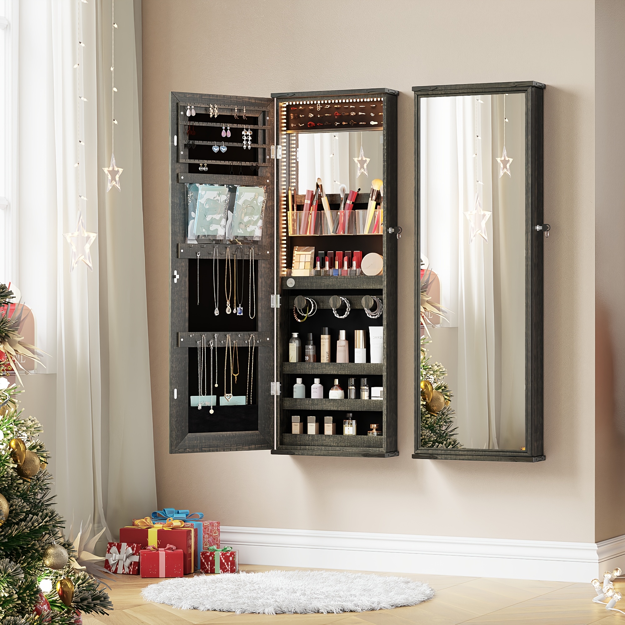 Wall Mounted Jewelry Box With Mirror Princess Style 3-Layer