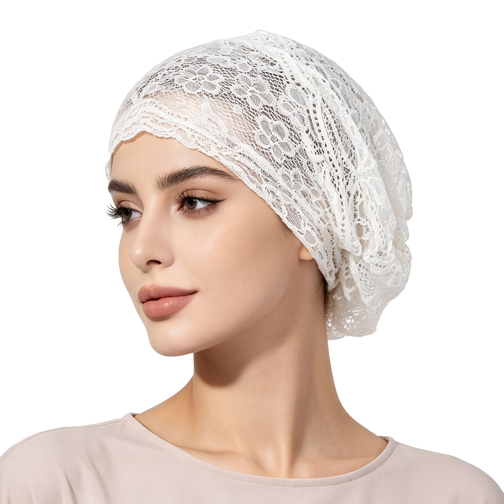 TEMU 1 bonnet femme couleur unie en dentelle florale, couverture complète, casquette de base