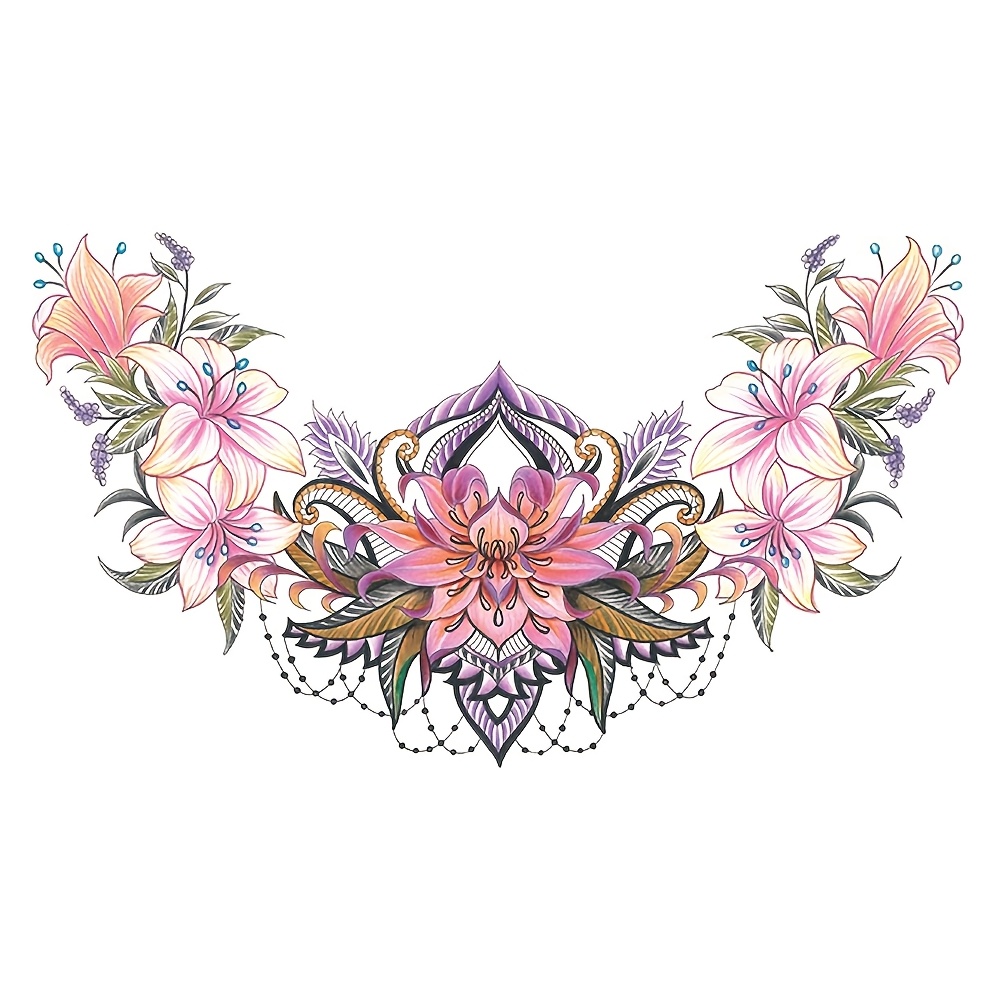 Image of Large Chest Waist Shoulder Back Waterproof Temporary Tattoo Sticker Flower Jewelry Chain Lace Gemstone Fake Tatoo Underboob Body Art For Women