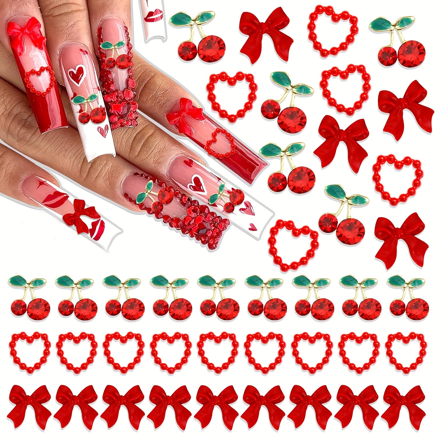 

60pcs Art Set, Red Bow & , Alloy Rhinestones, Women's Diy Decoration Accessories, Non-scented