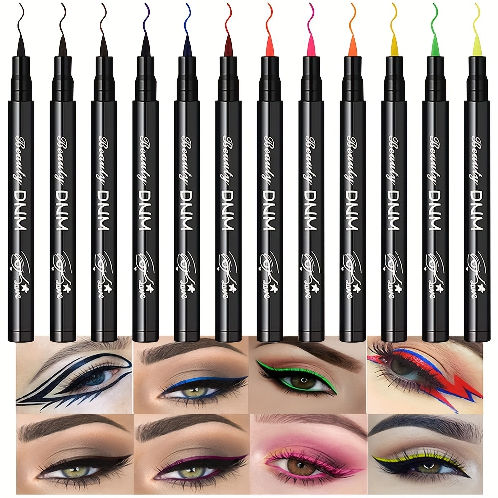 

12pcs/set, Colorful Matte Waterproof Liquid Eyeliner Set, Rainbow Neon Colors, Quick Dry, Smudge-proof Eye Liner Pen Set For Creating Bold Eye Makeup Looks