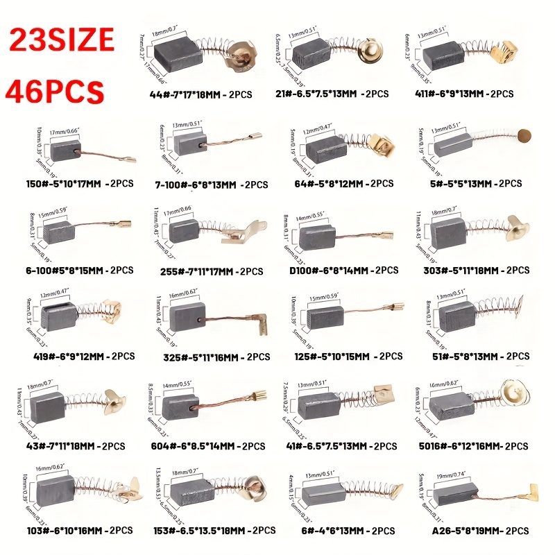 

46pcs Electric Motor Carbon Brushes Assortment, 23 Sizes, Metal Material, Oxygen-free Copper Wire, Non-slip , Wear-resistant For Power Tool Repair Parts