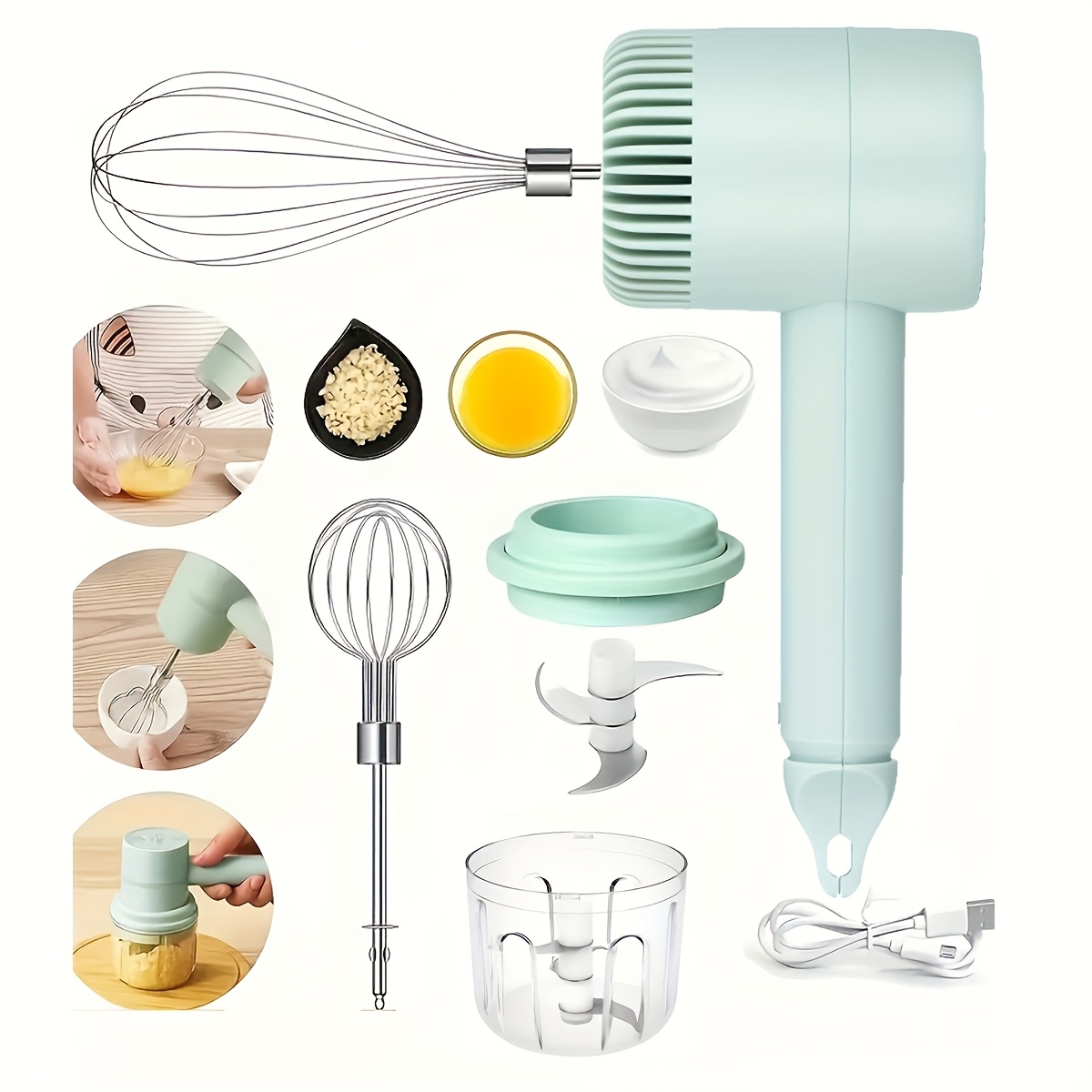 cordless electric garlic chopper and egg whisk a 2 in 1 hand mixer   usb rechargeable this set features a   adjustable egg beater and garlic mincer ideal for baking making cakes   butter tarts and chopping onions vegetables ginger and fruits Product details 0