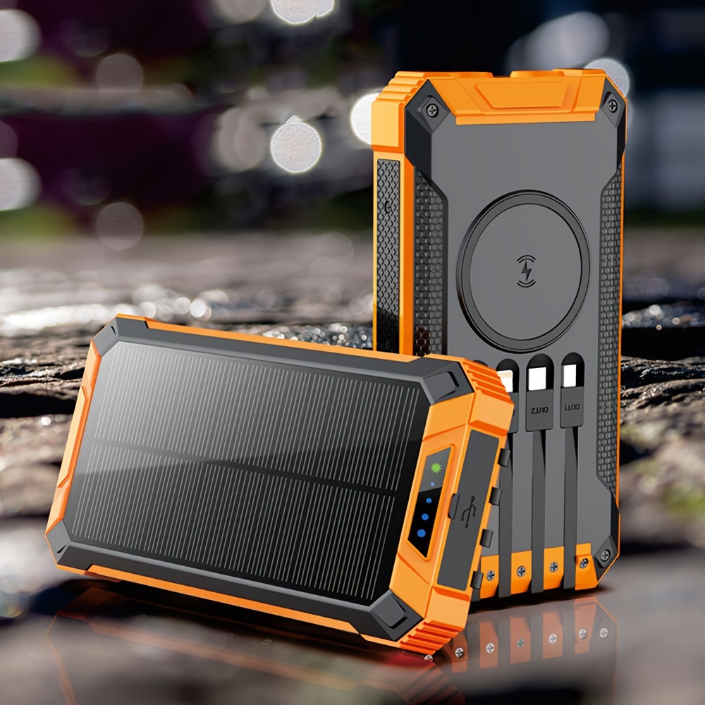 

30000mah Solar Power Bank Wireless Charger Built In 3 Cables 6 Outputs 15w Fast Charging Power Bank For All Mobile Devices 3 Inputs Solar Portable Charger With Dual Flashlights, Carabiner