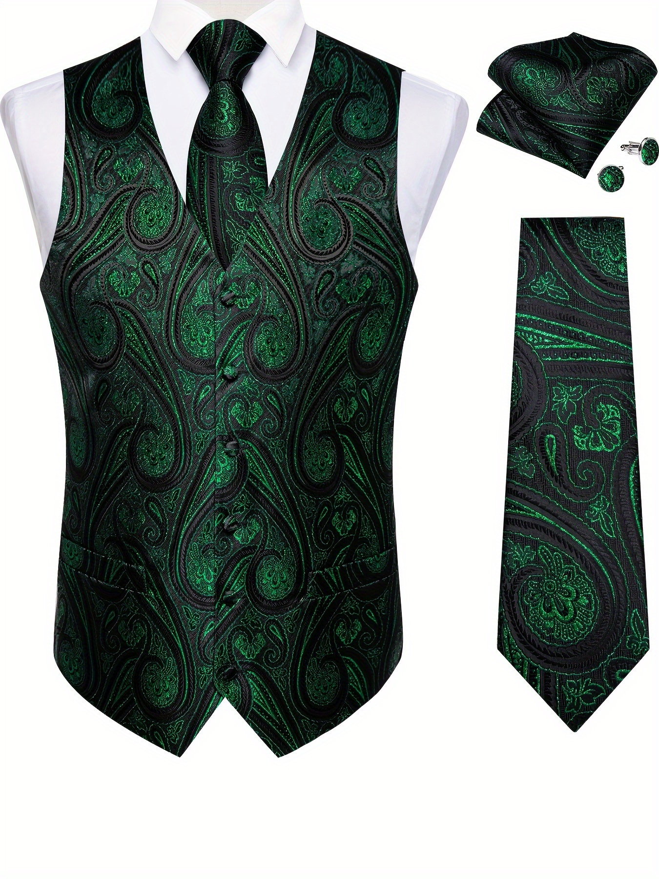 Brand Q White Paisley Tuxedo Vest & Necktie Set – Men's XS To 6XL – Microfiber – Wedding Formal
