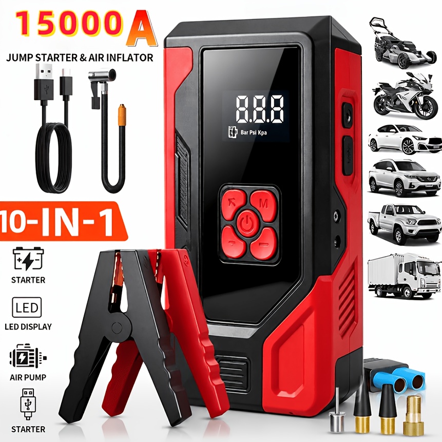 TEMU Démarreur de portable pour voiture 15000A, chargeur embarqué, de pic, pression d'air de pic de 180PSI, éclairage de LED, prend en charge le