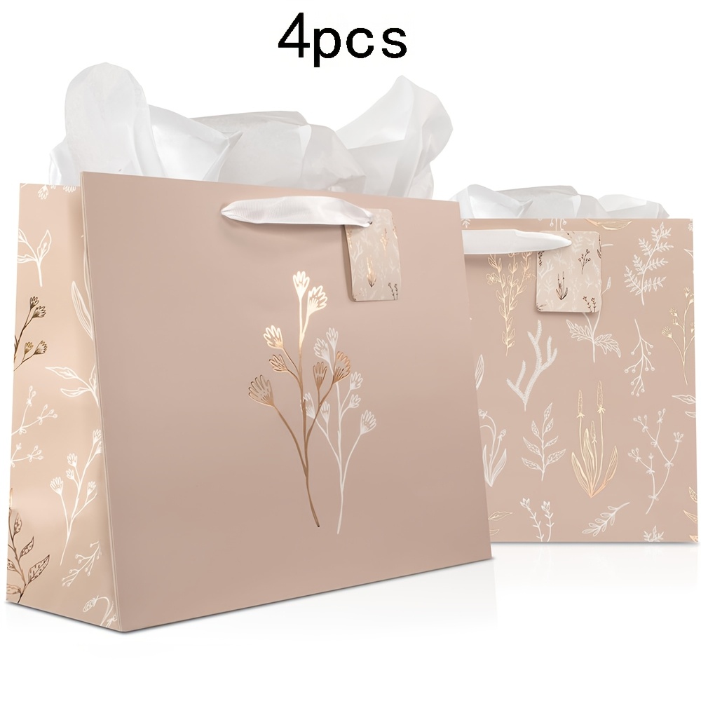 TEMU Gift For Her/him 2pcs/4pcs, Elegant Champagne Paper Gift Bags With Golden & White Botanical Foil Patterns, Premium Reusable Tote Bags With Satin