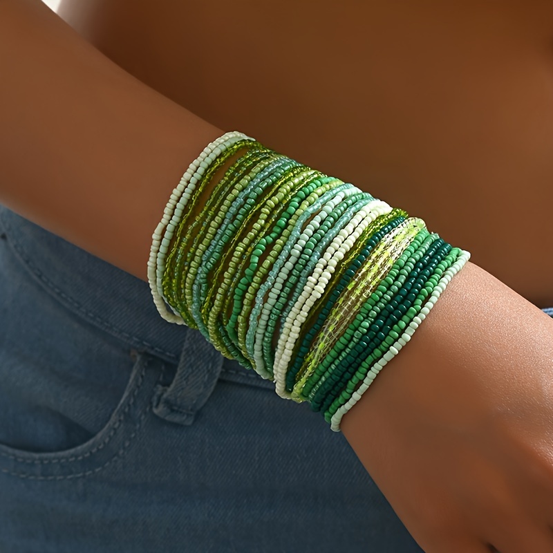 

30pcs/set Boho Vacation Style Bracelet Braided Stretch Gradient Color Multilayer Rice Bead Bracelet Beaded Bracelet Jewelry For Women