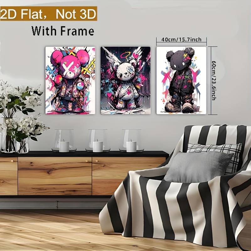 2D Flat Framed Decorative Wooden Frame Poster, Not 3D, 3pcs Set of Bear Graffiti Art Prints, Vibrant Streetwear Teddy Bears Canvas Wall Décor for Living Room, Bedroom, Office & More – Unique Modern Pop Art Design with Wooden Hanger