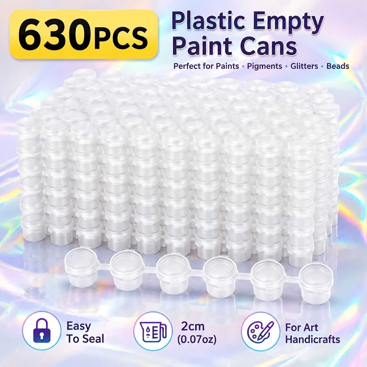 TEMU 630 piezas, 105 hojas, 6 recipientes vacíos de almacenamiento de pintura por hoja, vasos para mezclar pintura, frascos de plástico duradero de 2