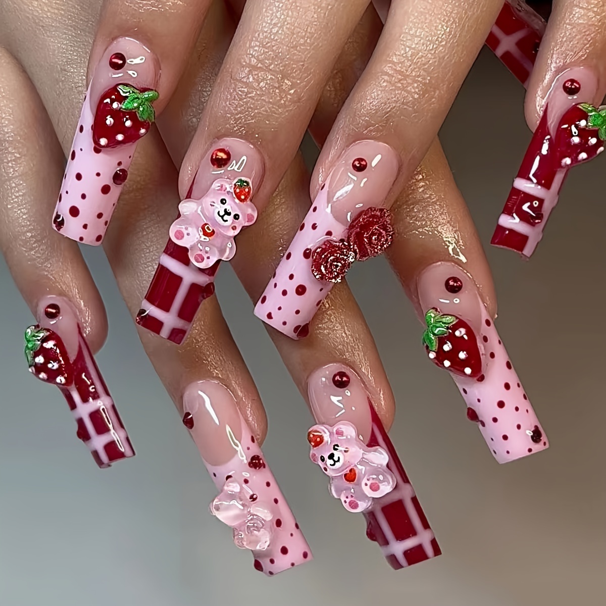 

24pcs Long Square Wearable Nail Set, Spring/summer 3d Milky Strawberry & Bear Design With Polka Dots & Stripes, Red Velvet Rose Accent, Includes 1 Jelly Glue & 1 Nail File