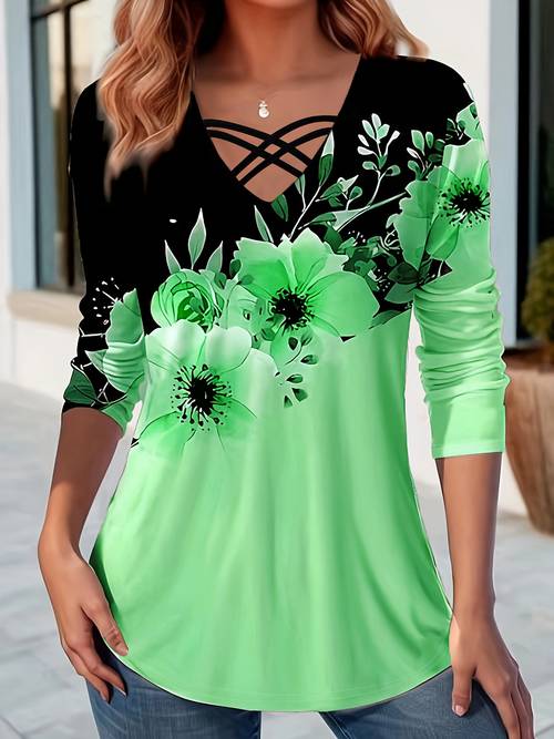 floral block t shirt casual v neck long sleeve t shirt for womens clothing