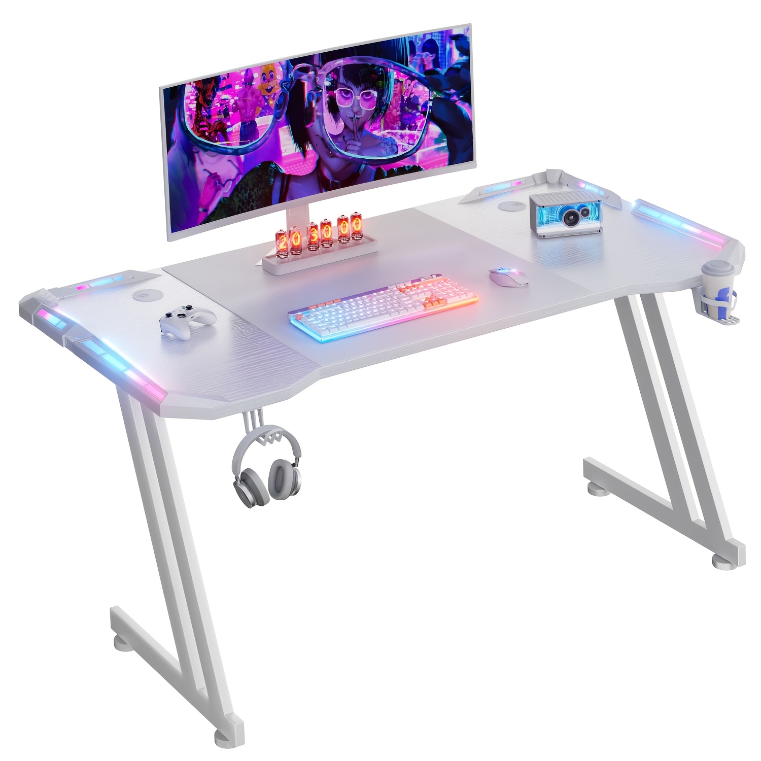 120/140/160cm White Gaming Desk, Large Carbon Fibre Surface Gaming Table With Led Lights, Ergonomic Computer Desk Home Office Desks, Z Shaped Pc Office , Cup Holder & Headphone Hook