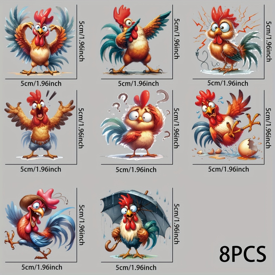 

8-piece Funny Rooster Uv Dtf Transfer Stickers - Durable, Self-adhesive Decals For Glass & More | Cartoon Designs With Sparkle Finish