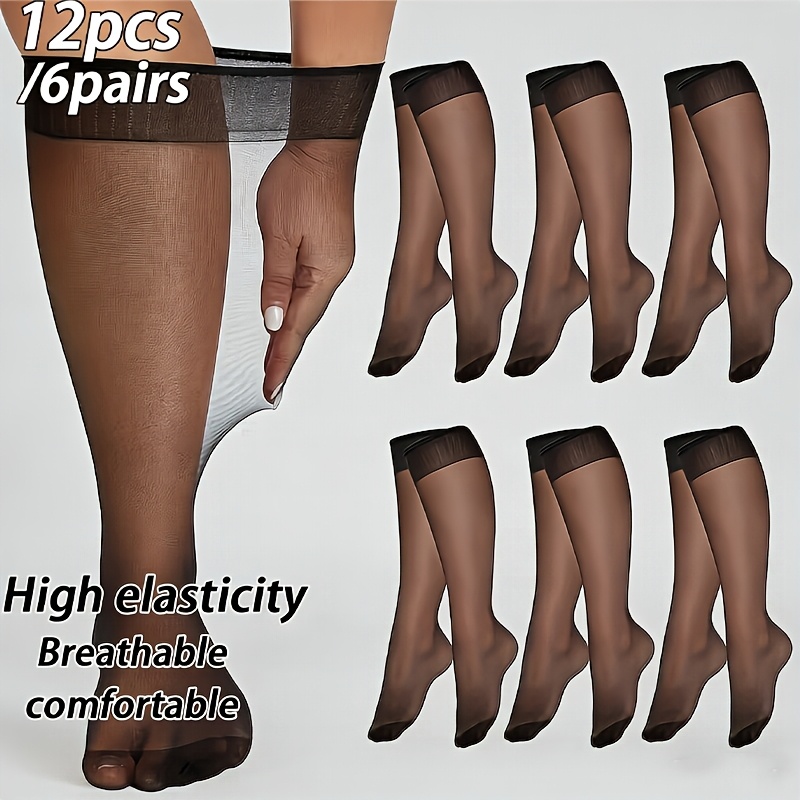 TEMU 12pcs/6 Pairs Women's Plus Size Knee-high Socks, Ribbed Design, Solid Color, Elastic And Durable, Fashionable Tight Socks For - Black, Plus Size