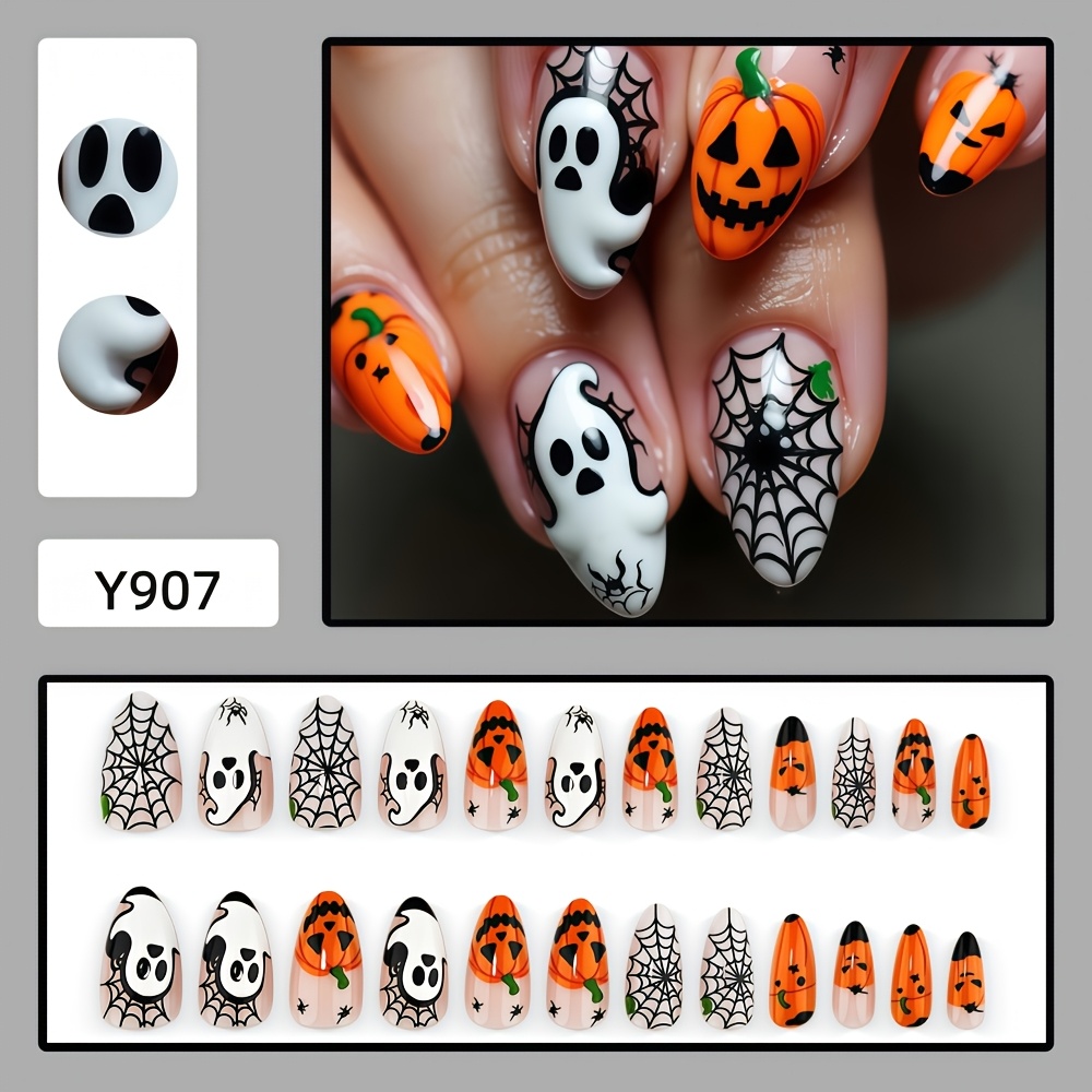 TEMU 24pcs Long Almond Press-on Nails Suitable For - 3d Embossed Pumpkin,, Web With Glossy | Detachable Fake Nails For Halloween, Parties, Daily Wear