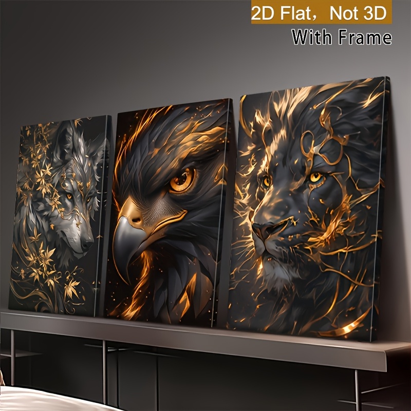 TEMU 2d Flat, 3pcs Wolf, Eagle, Lion Posters & Prints - Framed Canvas Suitable For Living Room, Office, Cafe Decor - Abstract Wildlife Paintings,