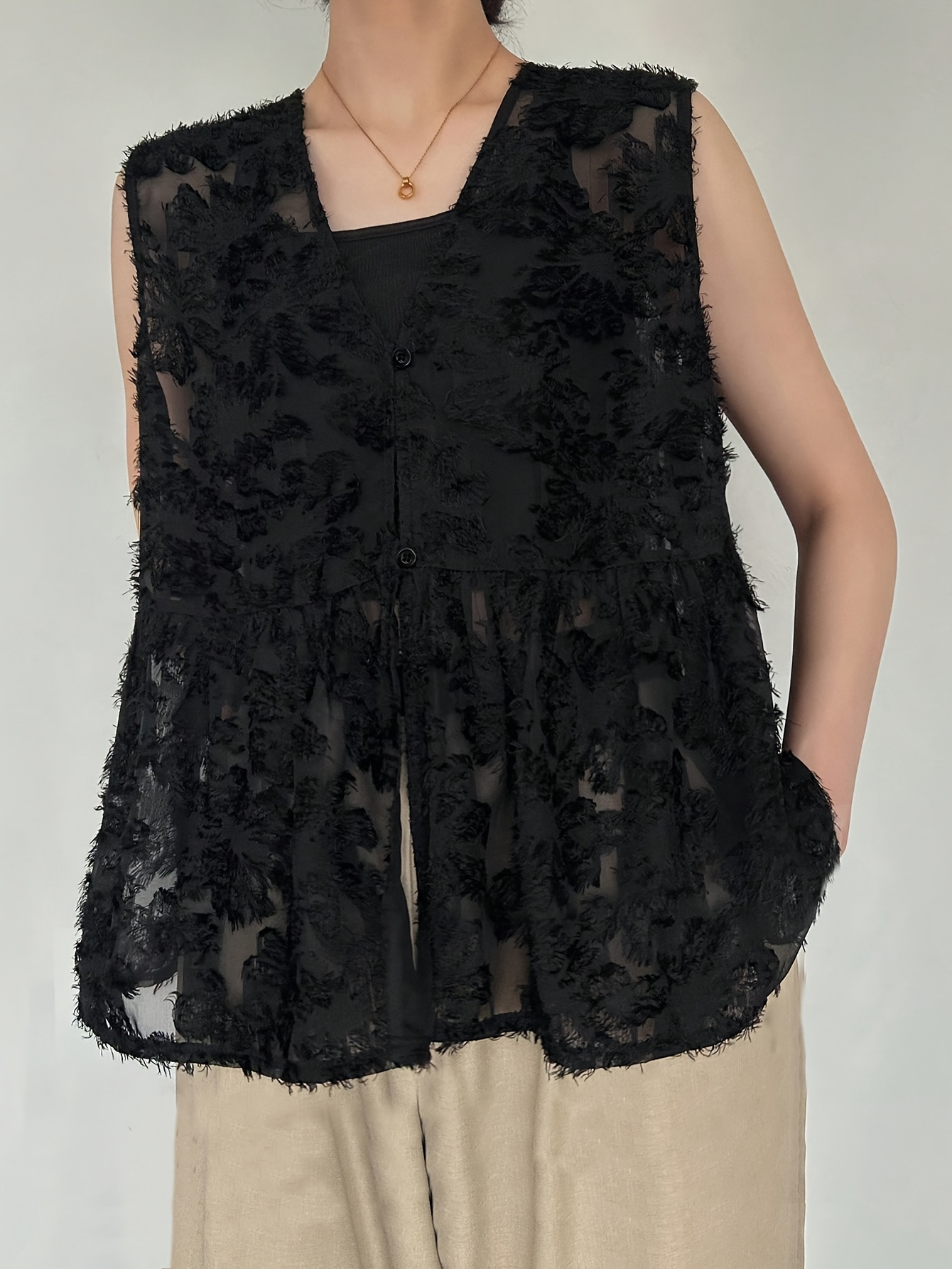2026 summer new french mesh sleeveless vest loose v neck sheer vest dark aesthetic niche design statement outerwear