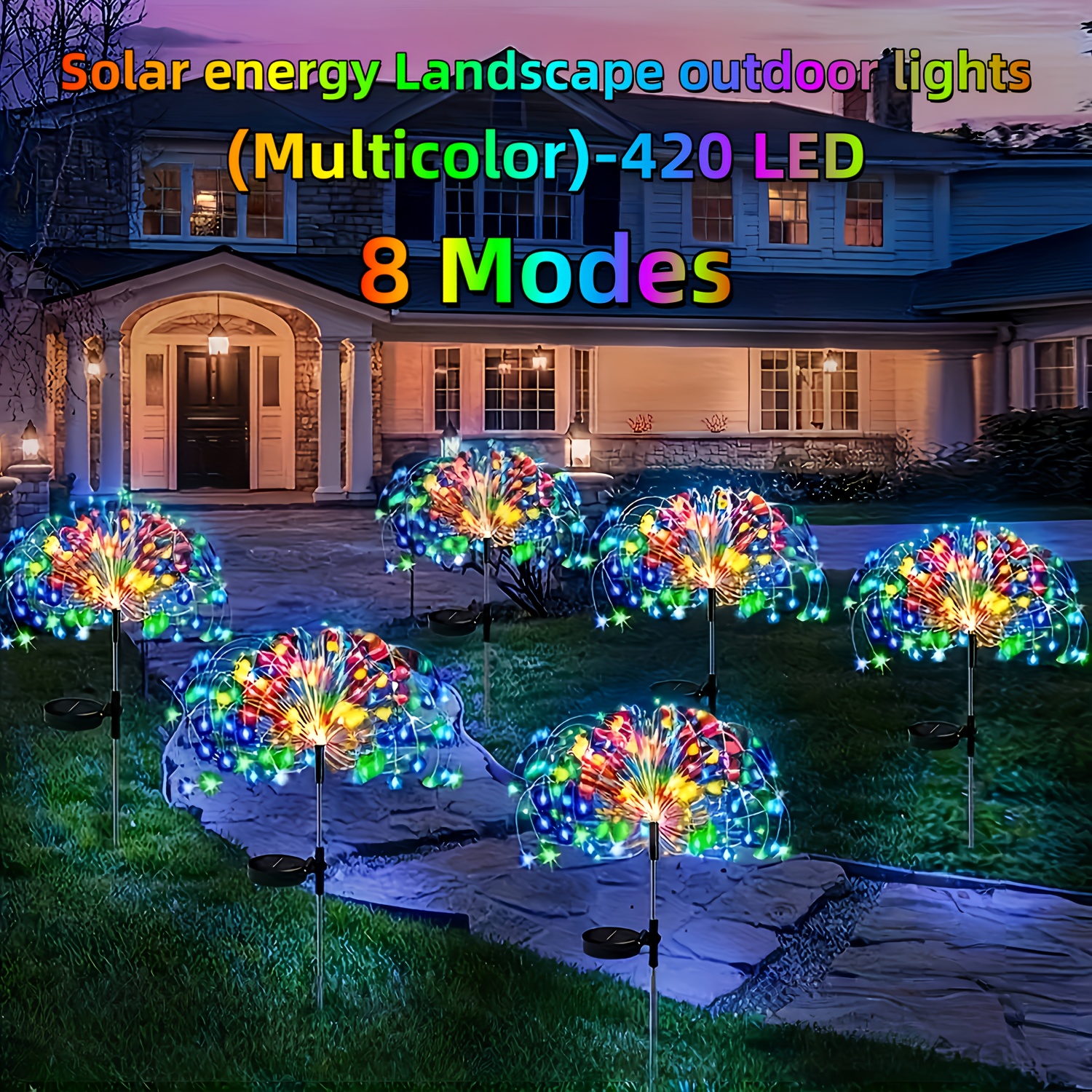 TEMU (8 Pack -420led) Solar Outdoor Fireworks Light - Ip65 Waterproof, Multi Color, 8 Lighting Lawn Light, Durable Plastic For Christmas Garden,