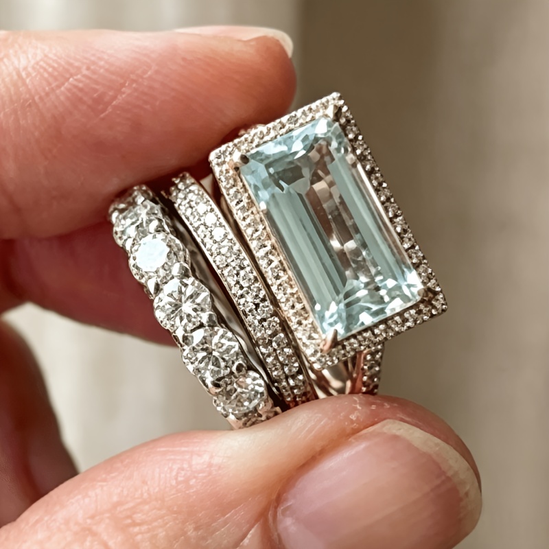 TEMU Extremely Light Blue Synthetic Zirconia Ring Set For Women' Commuting, Niche High-end Feeling, Layering 3pcs Ring Set