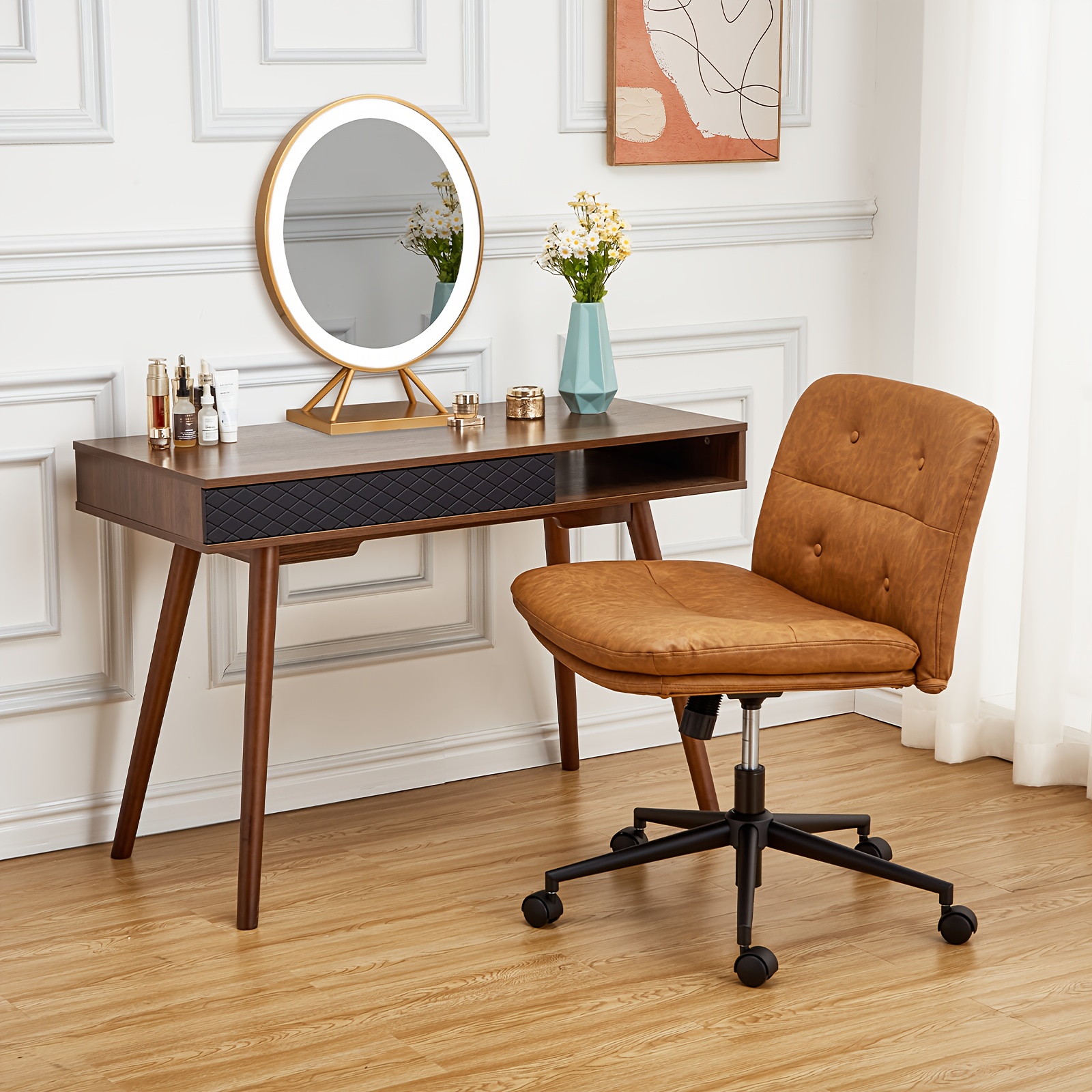 Brown Armless Cross Chair On Wheels, 360° Adjustable Height Swivel Office Chair, Spacious Leather Desk Chair, Contemporary Vanity Chair For Home, Office, And Makeup