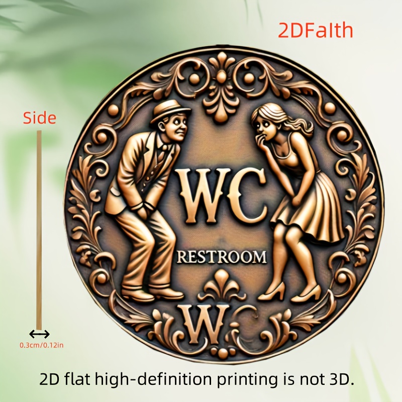 TEMU 2D Flat - . 2D Wandkunst WC-Schild aus Holz, rund | Vintage Wanddeko aus Holz, einfach aufzuhängen, Holzmaterial, geeignet für Küche, Esszimmer,