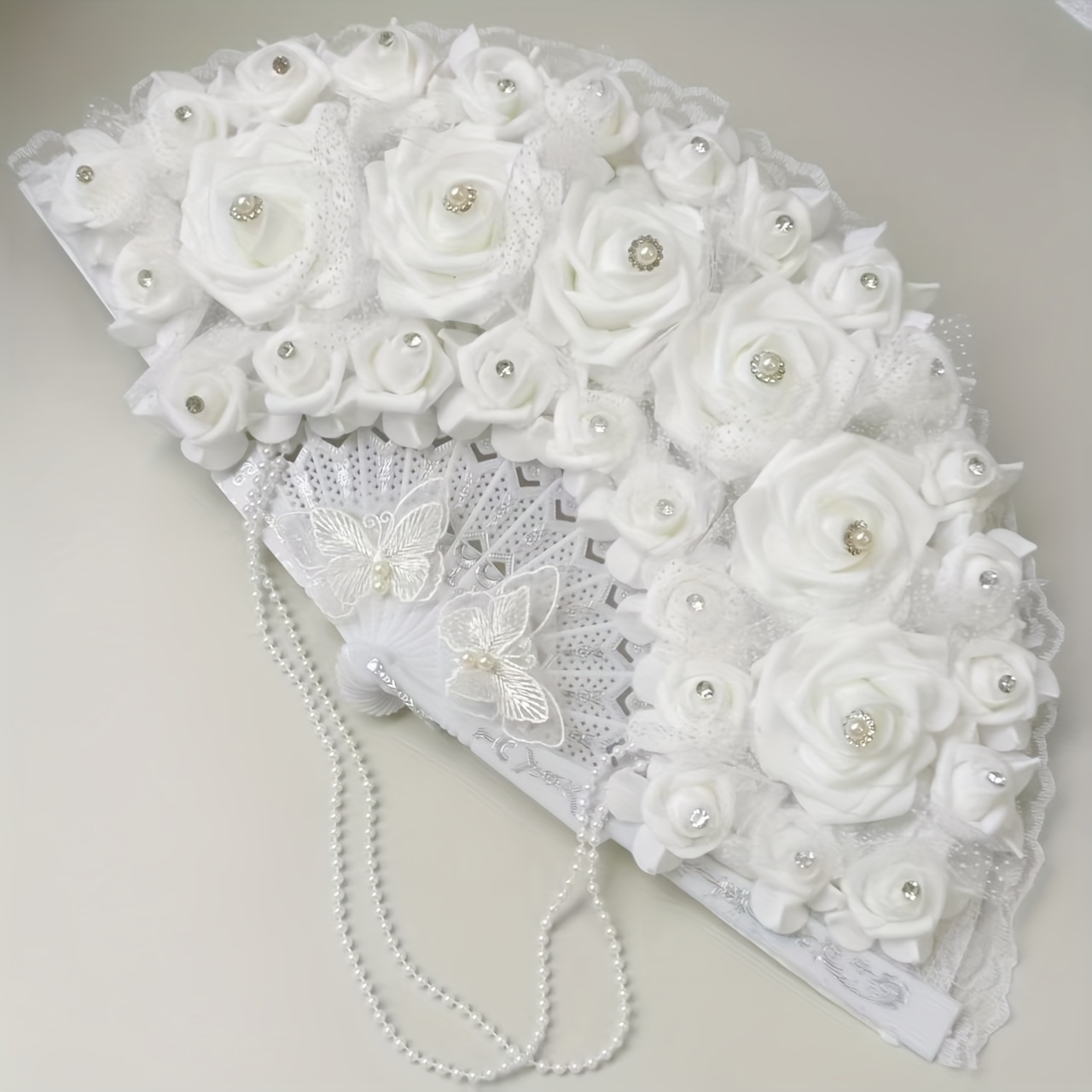 Image of A White Rose-decorated Ladies' Fan, Wedding Party Bridal And Bridesmaid Handheld Fan, Dance Photo Shoot Prop Folding Fan