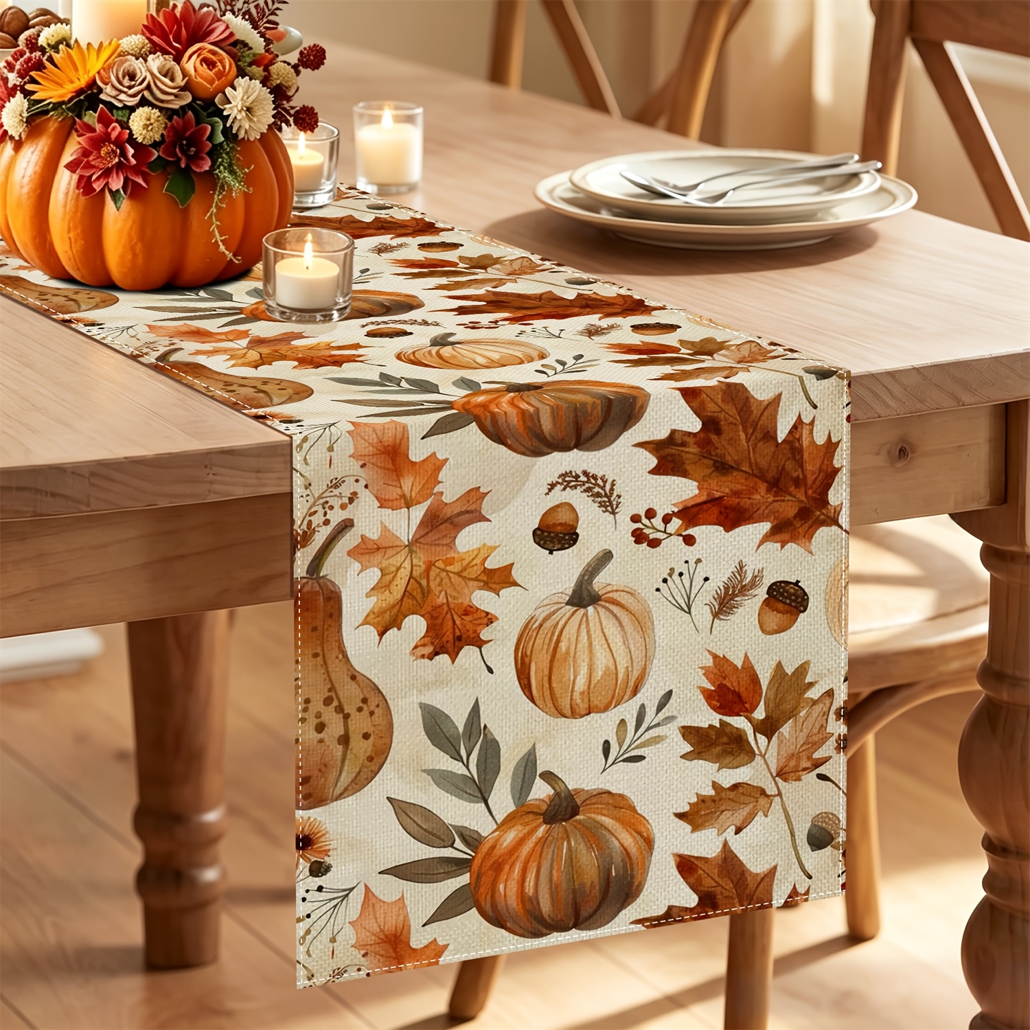 TEMU 1-pack Orange-brown Maple Leaf Pumpkin Autumn Table Runner, Suitable For Thanksgiving Yard, Outdoor Dining Table, And Buffet Decoration
