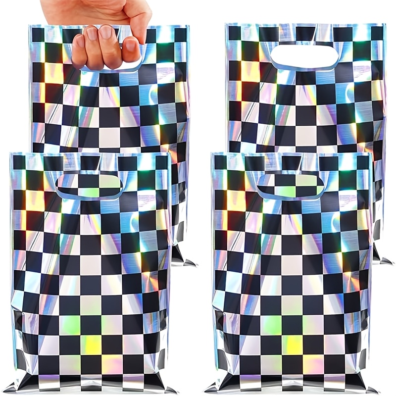 

20-pack Iridescent Checkered Plastic Treat Bags, Black & Car Pattern, Race Car Party Favor Bags, Laser Gift Bags For Fast Car Birthday Decorations