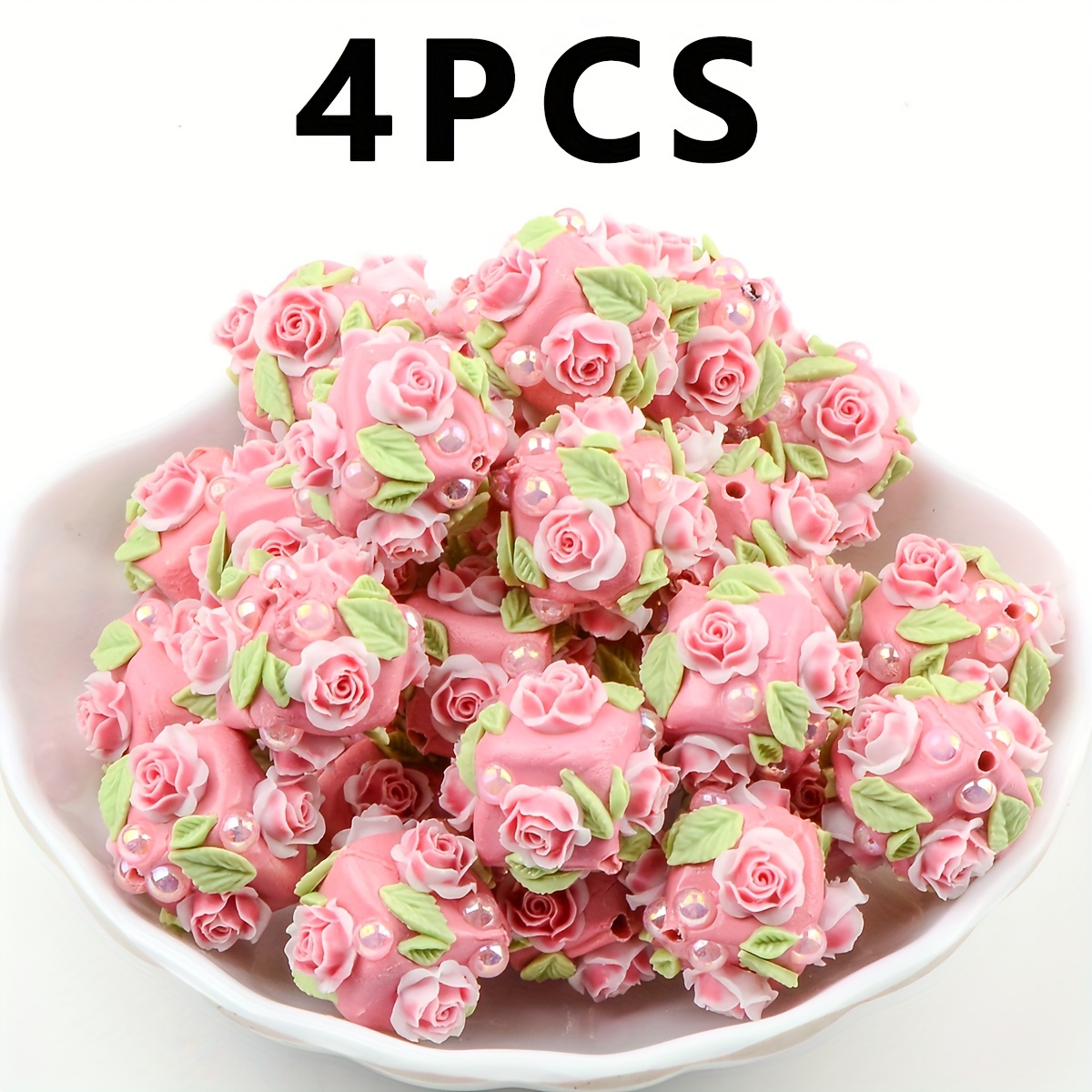 TEMU 4pcs 20mm Random Hand-painted Pink Rose Flowers Acrylic Square Beads, Fashion Creative Solid Acrylic Beads, Exquisite Large Hole Beads And