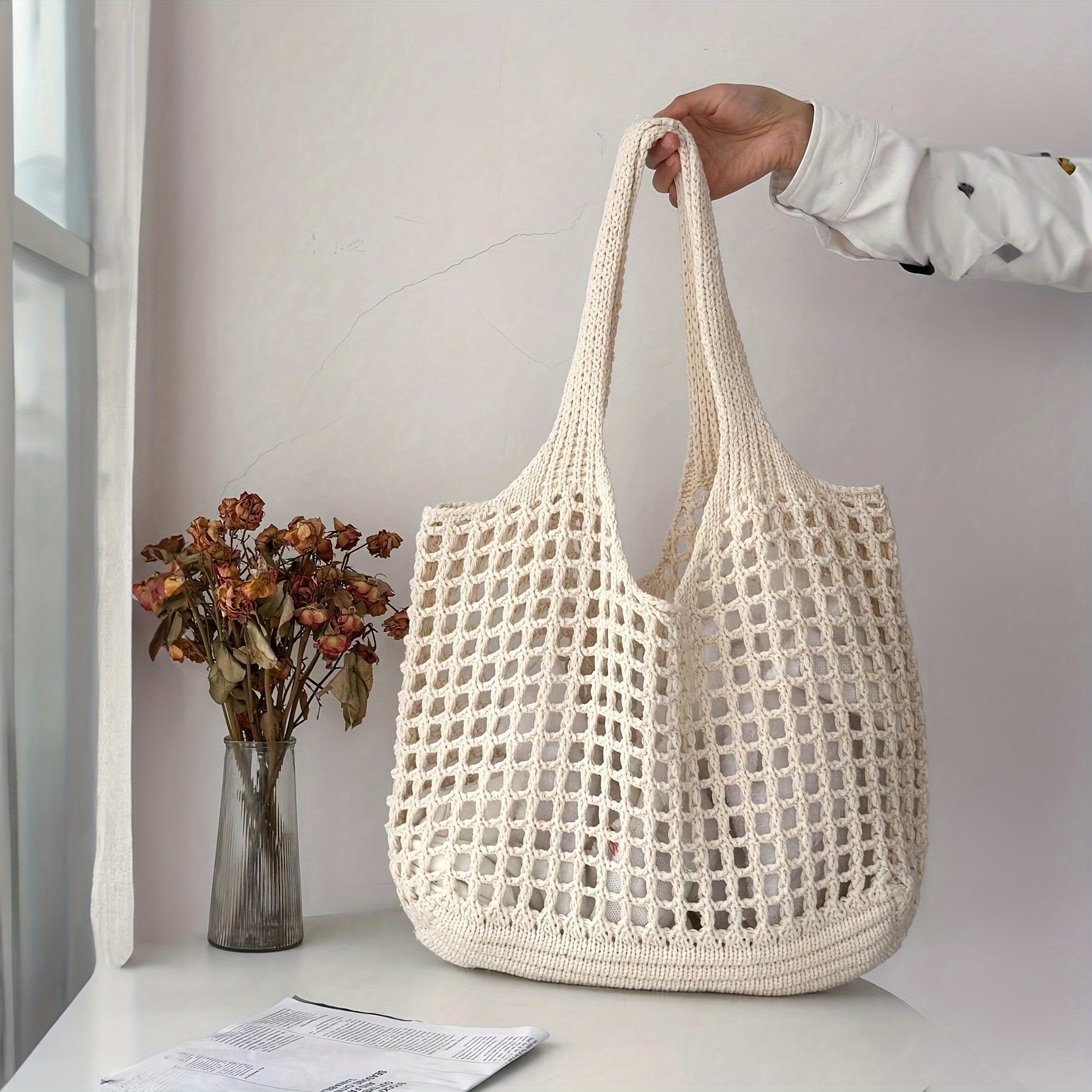 

Chic Minimalist Crochet Tote Bag For Women - Lightweight, Large Capacity, Hollow-out Design - Perfect For Shopping & Travel - Available In Khaki, Dark Brown, Mixed, Cream, Blue, Black