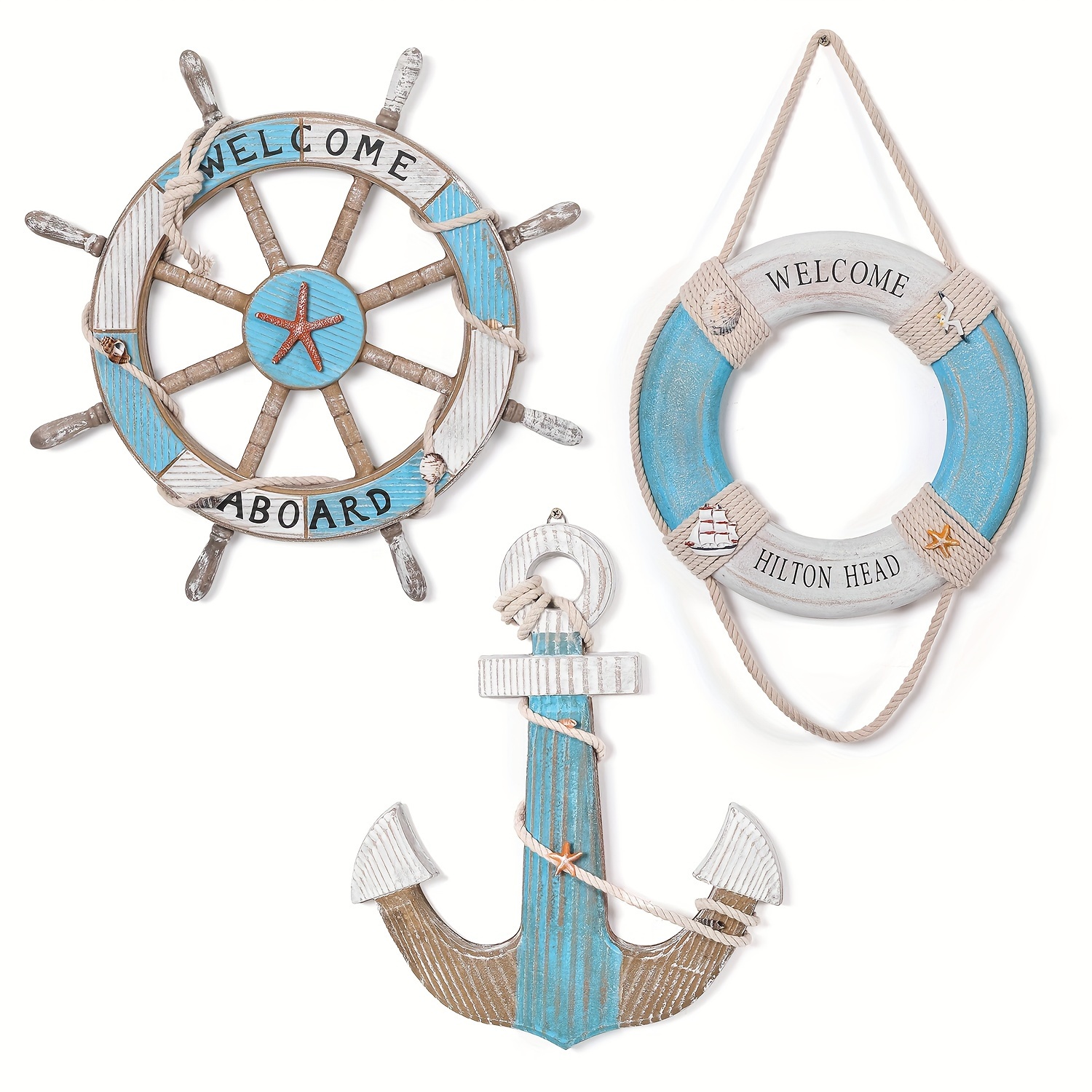 

3 Pack 17.32" Nautical Beach Wooden Ship Steering Wheel Wooden Life Ring Buoy And Wooden Anchor With Rope Wall Art Decor (white&blue)