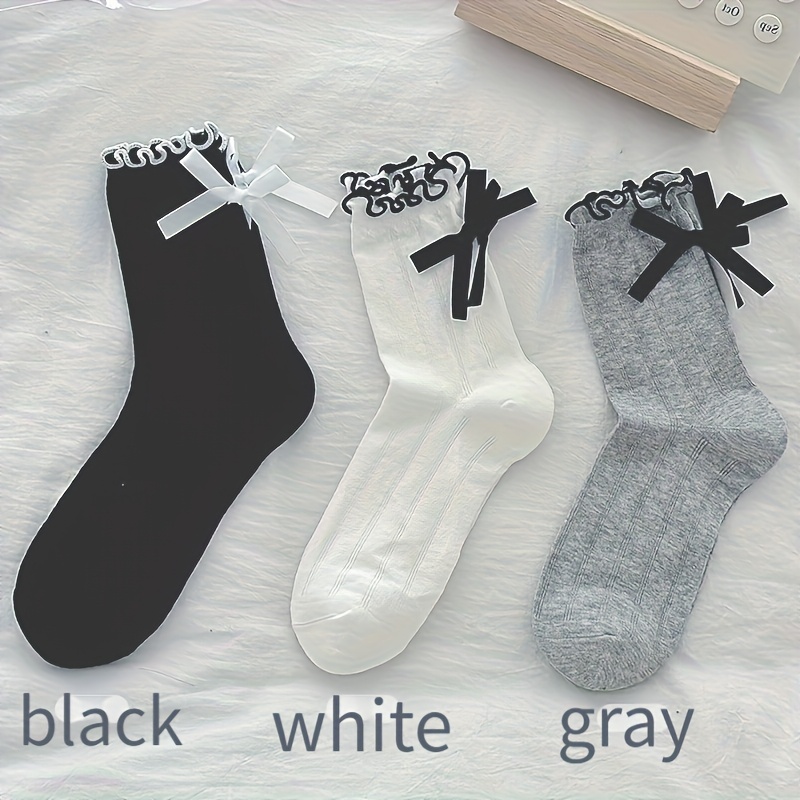 TEMU [3 paires de chaussettes superposées style écolière japonaise et ballerine] Chaussettes à talon avec nœud et aérée, style d'été assorties aux