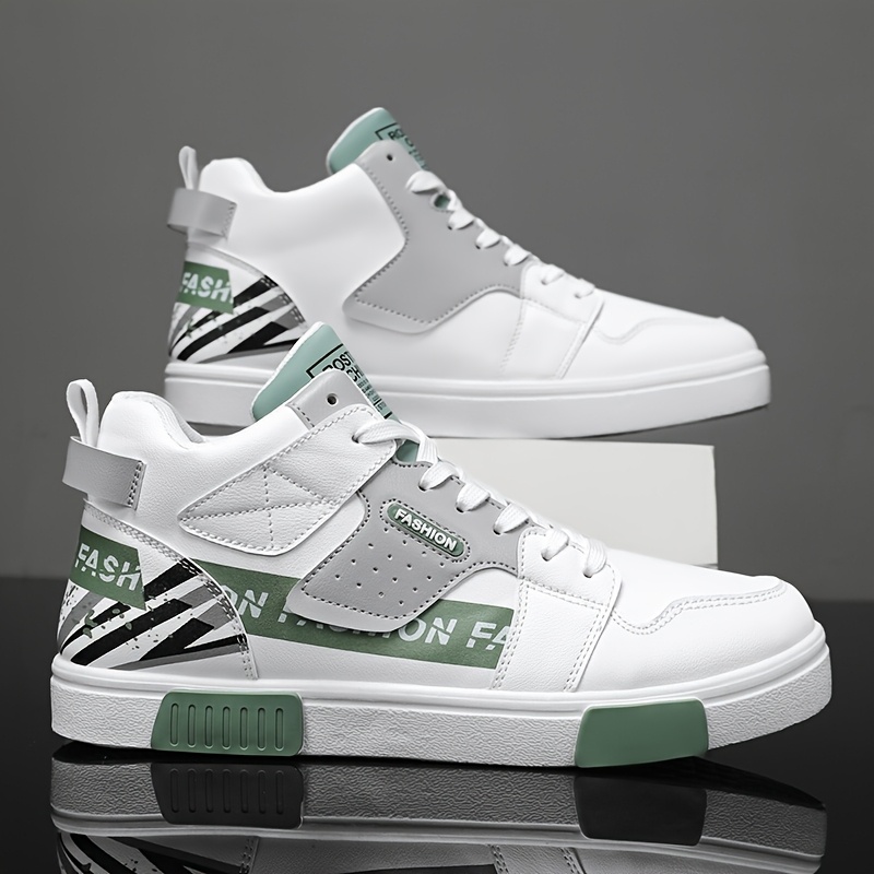 1 Pair Men'S High-Top Chunky Sneakers, Preppy Style Casual Sports Shoes with Faux, Fabric Lining, PVC Sole, Round Toe, Lace-Up - Solid & Striped Patterns, Cartoon Design for Outdoor Activities, All-Season Comfort