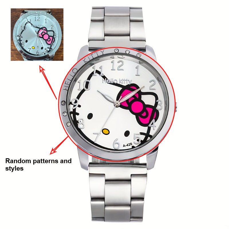 Image of Hello Kitty Quartz Watch - Cute White Dial With Silveryy-tone Alloy Case, Stainless Steel & Copper Strap, Battery Powered Electronic Movement, Non-rechargeable Button Battery, Cartoon Style
