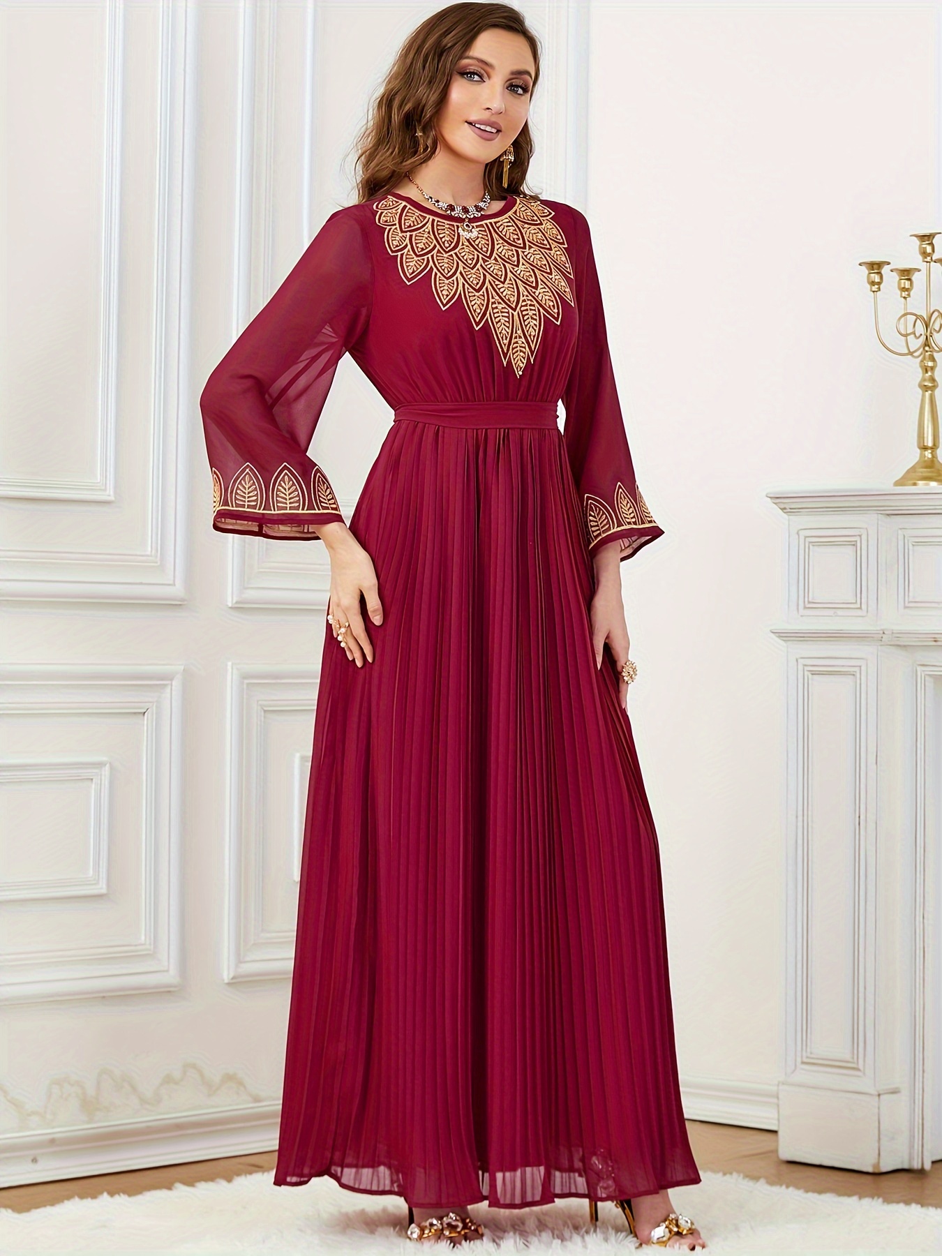 chinese dress ladies Mylene Hand Embroidered Maxi Dress Long SleevesWith Tassels Peach – Blue  Boheme main image 1
