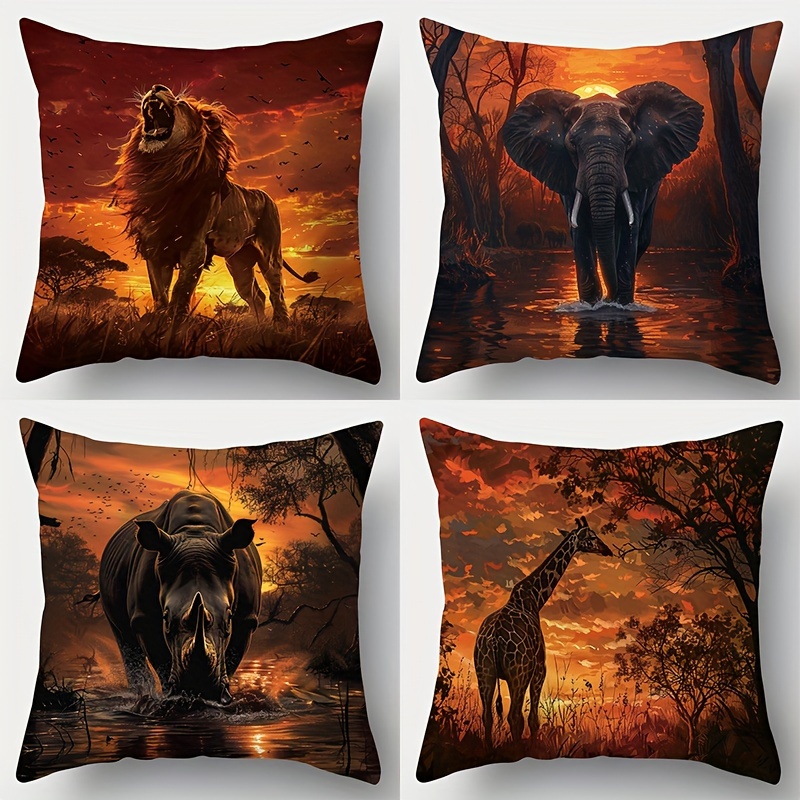 

African Animal Throw Pillow Covers Set Of 4, Contemporary Style Lion, Elephant, Giraffe, Printed Cushion Cases, Zipper Closure, Woven Polyester, Hand Wash Room Decor