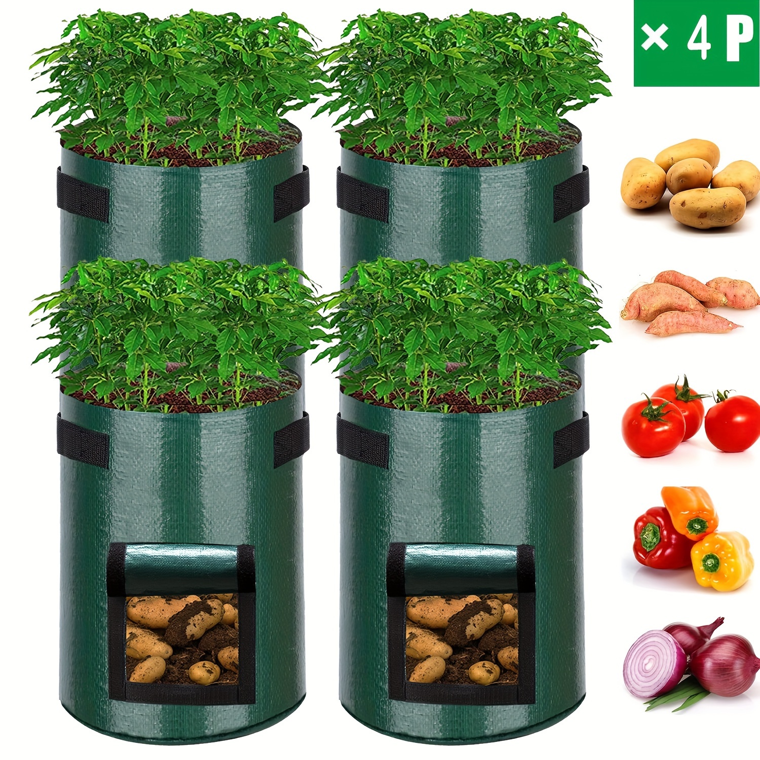 

4pcs Heavy-duty Garden Grow Bags With Flaps & Handles - 3, 7, 10 Gallon Sizes, Breathable Fabric , Tomato, , Onion, Strawberry & More - Indoor/outdoor Green Planter Bags, Grow Bags